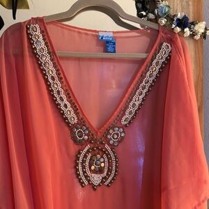 Coral Embellished Swim Kaftan Coverup